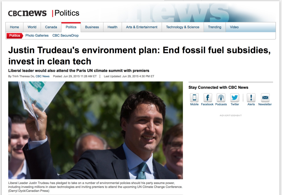 Justin Trudeau's environment plan: End fossil fuel subsidies, invest in clean tech