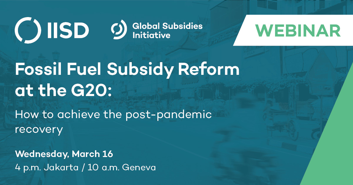 Fossil Fuel Subsidy Reform at the G20: How to achieve the post-pandemic recovery, webinar card.