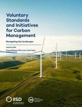 Voluntary Standards and Initiatives for Carbon Management report cover showing wind turbines along a green, hilly landscape.