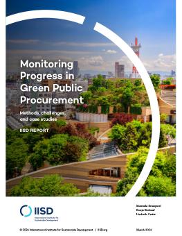 Monitoring Progress in Green Public Procurement report cover showing an urban park in Japan.