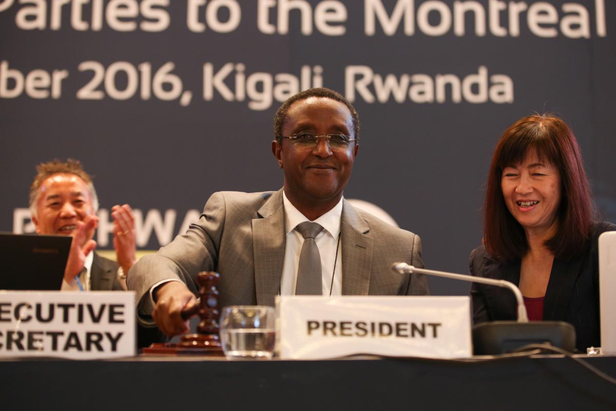 Vincent Biruta, MOP 28 President, gavels the adoption of the Kigali Amendment to the Montreal Protocol