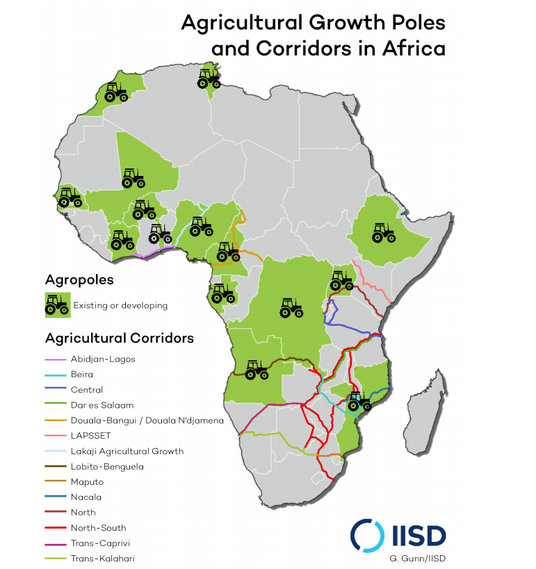 Map of Africa showing agricultural growth poles and corridors