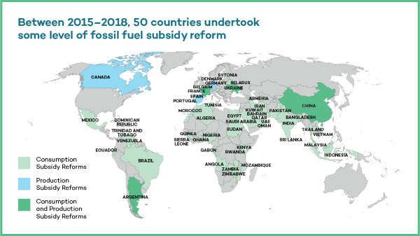 Map of 50 countries, including Ecuador, that are reforming fossil fuel subsidies