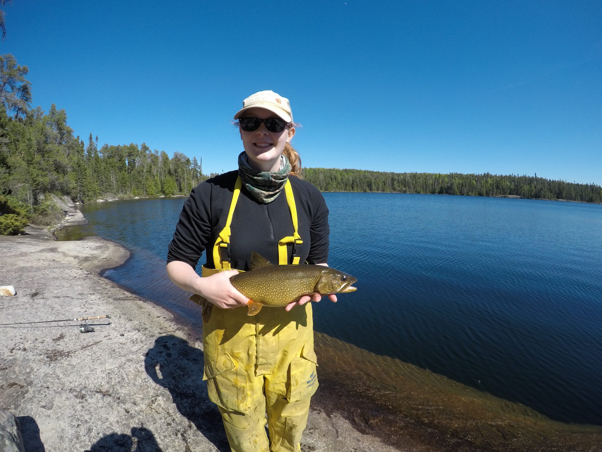 a limnologist researcher holds a fish at the shoreline of a lake at IISD Experimental Lakes Area in Ontario