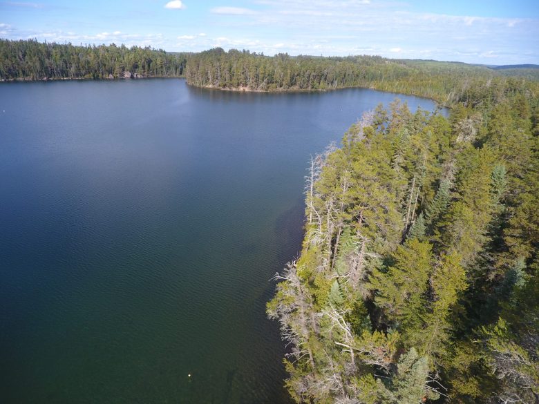 Drone shot of lake in Boreal Forest