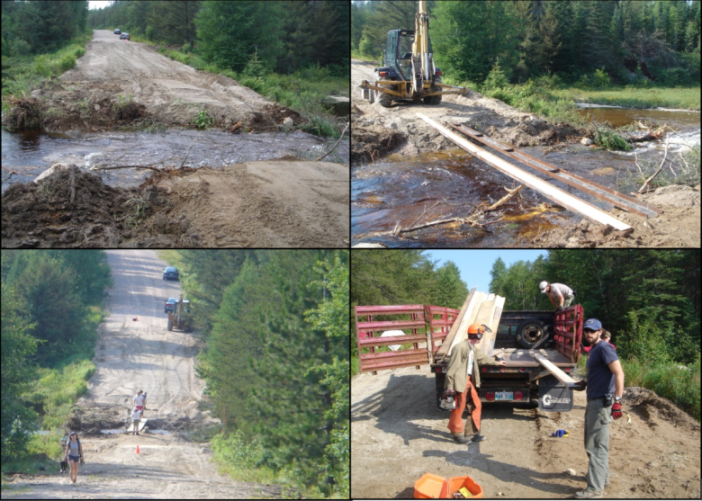 a road in northern ontario is eroded away by water and workers are working on fixing the road 