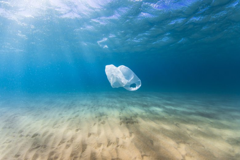 plastic bag floating beneath the surface in an ocean