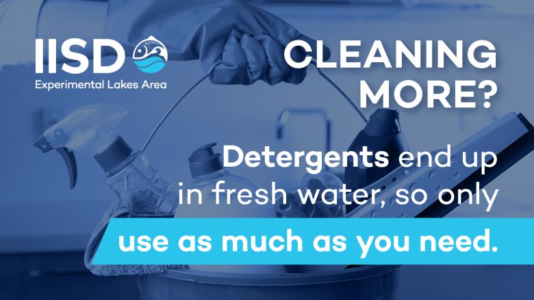 Social media card giving tips on domestic water usage regarding detergent usage during COVID 19. The text reads: Cleaning more? Detergents end up in fresh water so only use as much as you need.