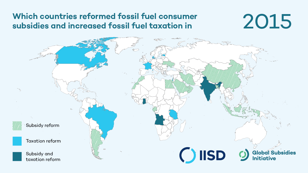World map highlighting countries that reformed fossil fuel consumer subsidies and/or pricing from 2015-2020