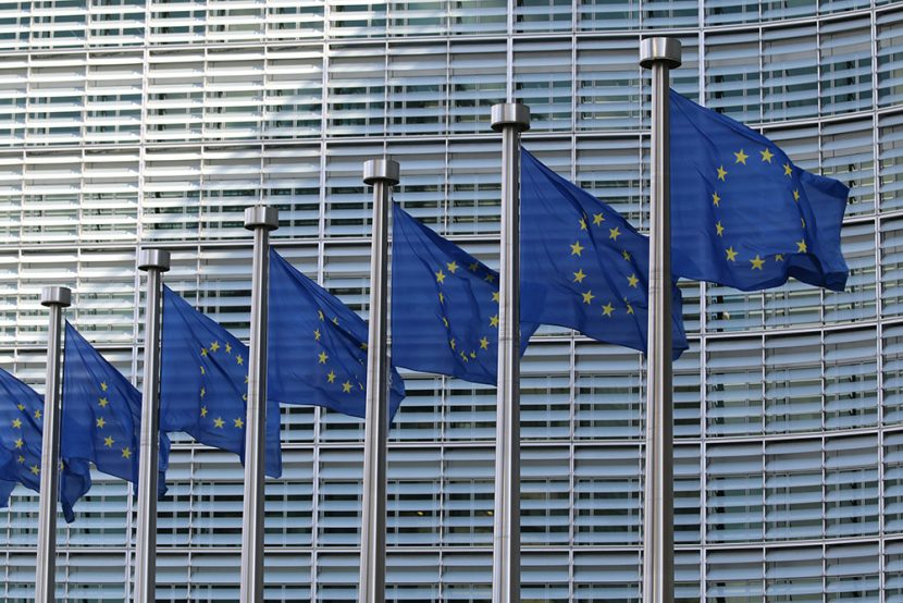 Blue flags with starts fly in front of a building.