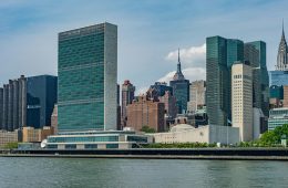 City buildings are seen along the Manhattan skyline.