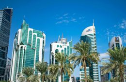 Palm trees surround high-rise buildings in Qatar.