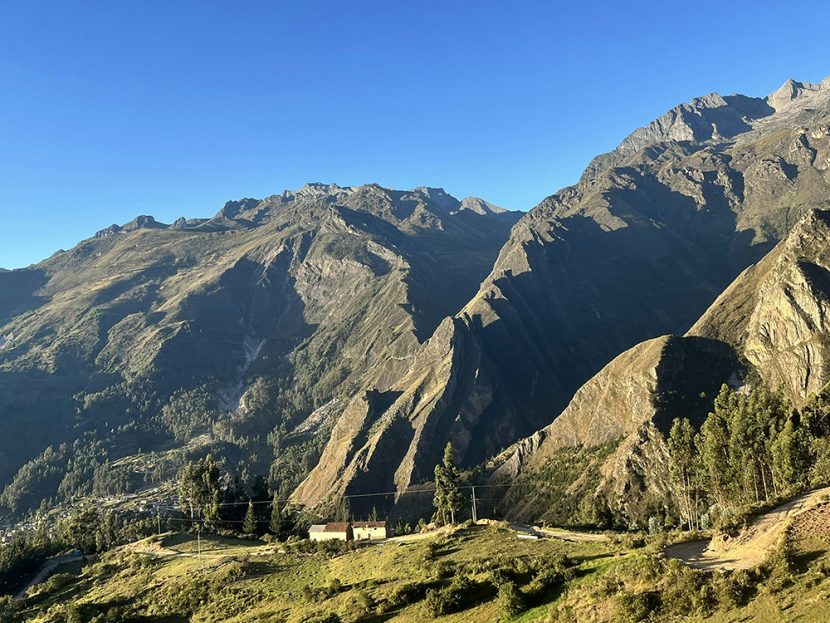A settlement is seen amid mountains.