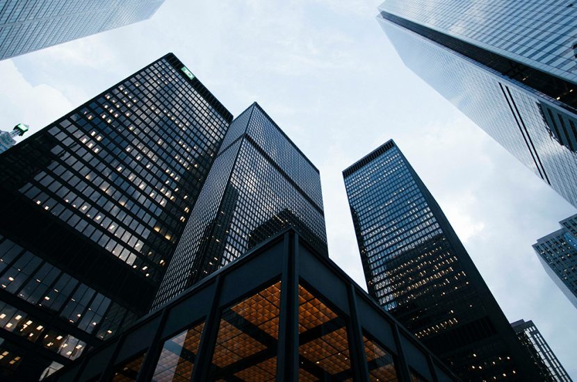 Low-angle view of high-rise buildings.