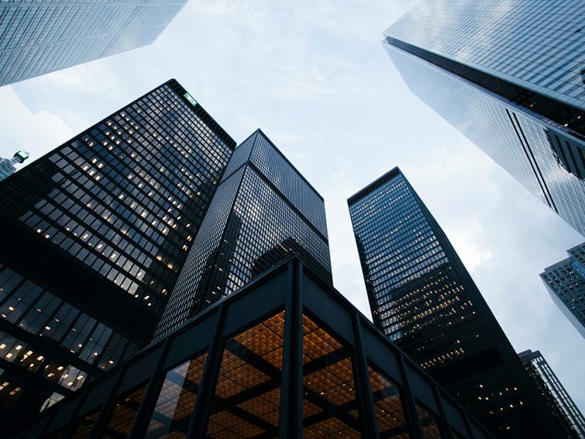 Low-angle view of high-rise buildings.