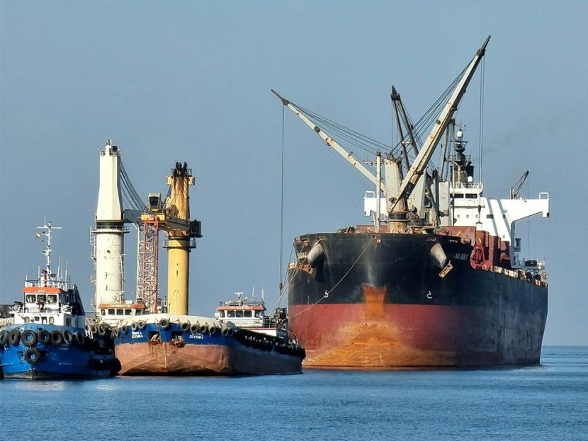 A large cargo ship is docked.