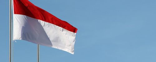 A red-and-white flag flies against a blue sky.