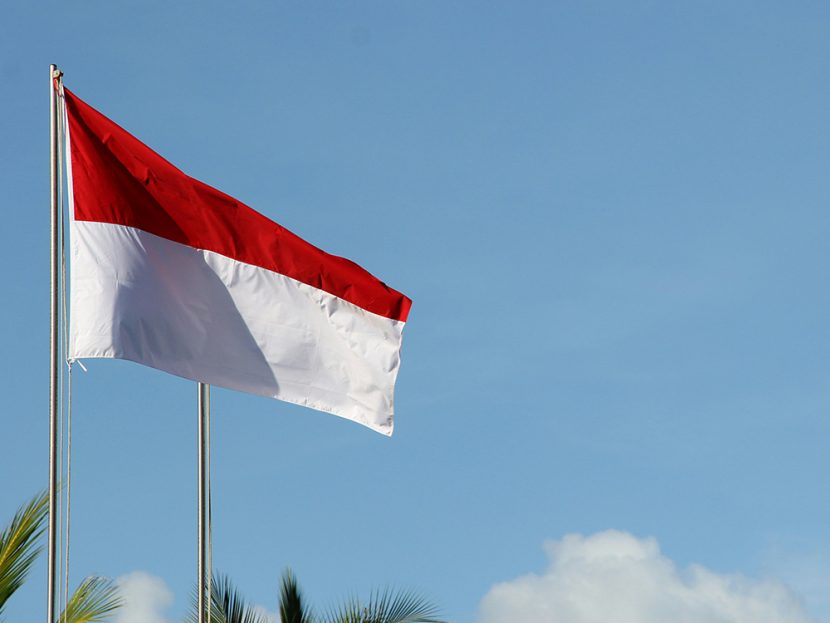 A red-and-white flag flies against a blue sky.