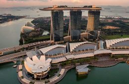An elegantly designed resort next to water.