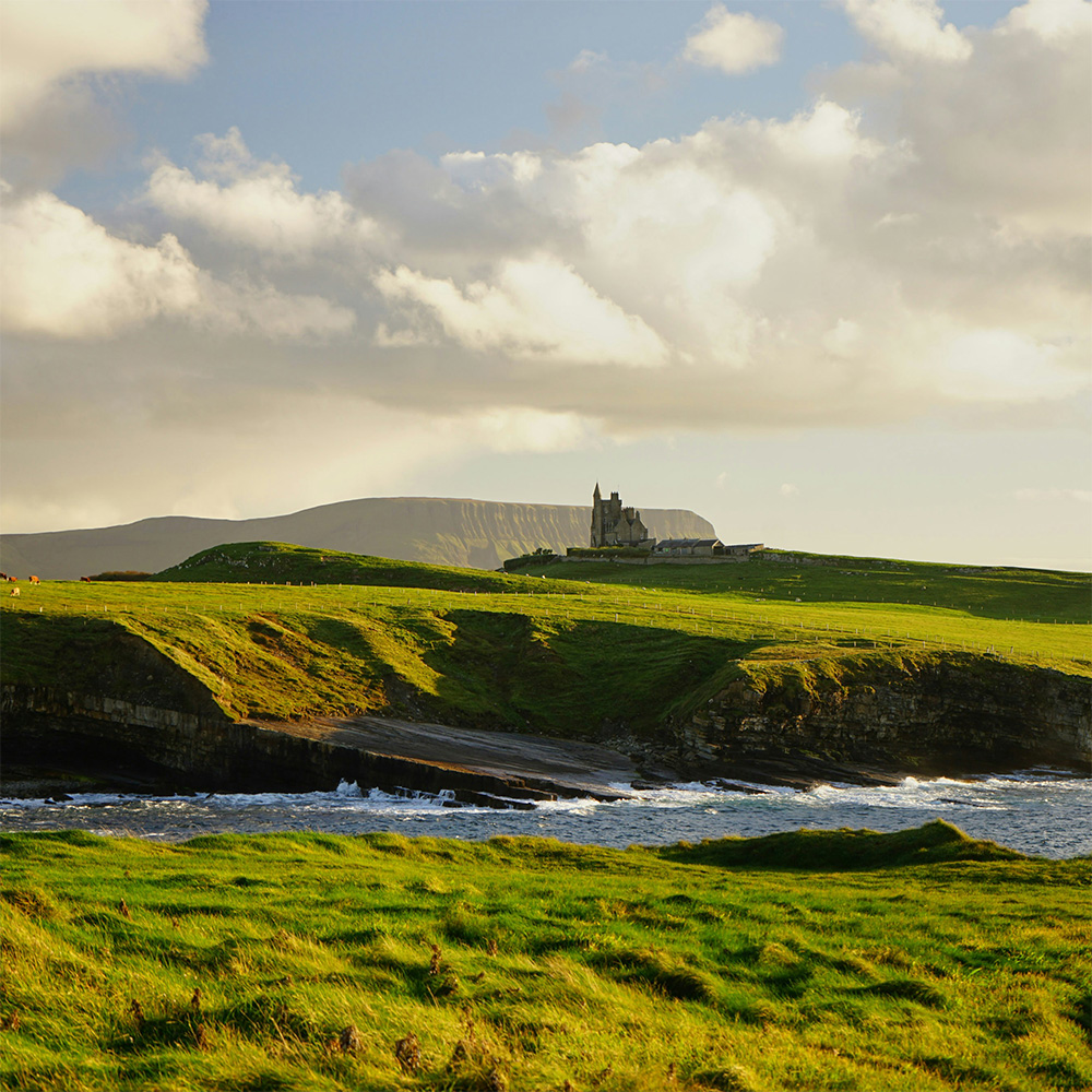 Green grass on cliffs with water below and a castle in the background