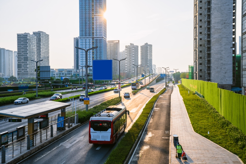 Futuristic road view of a roadway with a bus in China