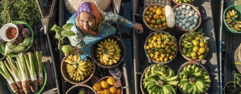 A market vendor in Asia surrounded by fruit