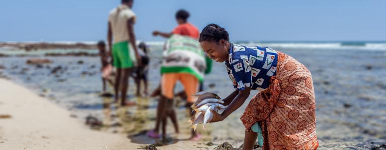 A young woman in Madagascar bends over holding fish on a beach