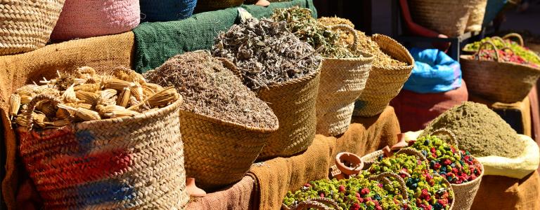 Baskets of dried food at a market