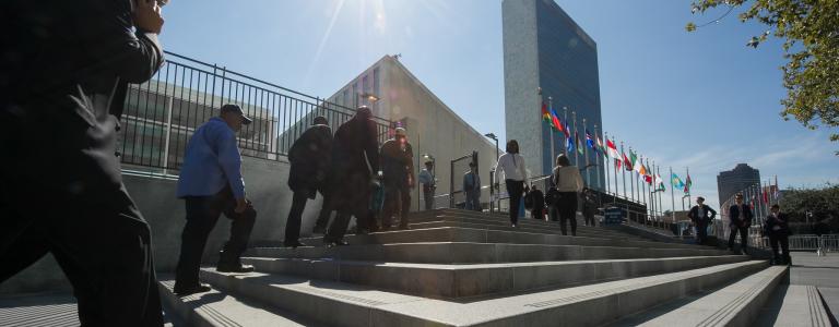 People walking up concrete steps to a building with country flags outside