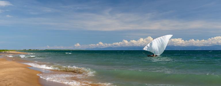 A sailboat on a lake on a sunny day