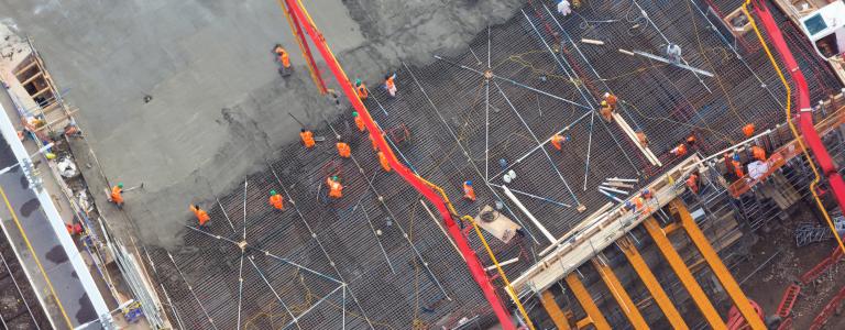 overhead view of construction workers on a building site