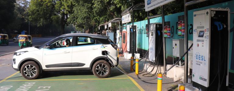 Electric car charging station in Dehli, India 