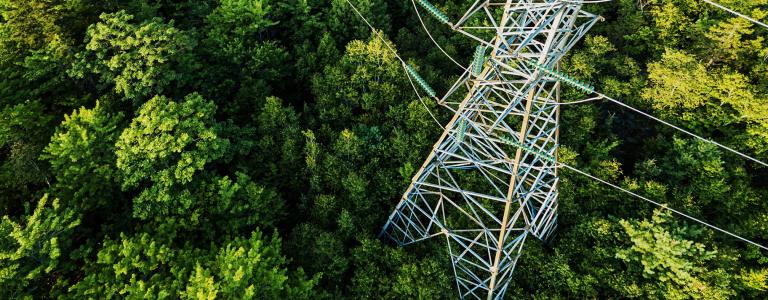 Bird's eye view of a hydro tower and electrical wires running through a green forest