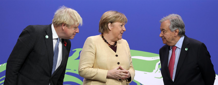 Boris Johnson, Angela Merkel, António Guterres at the Glasgow Climate Change Conference (COP 26).