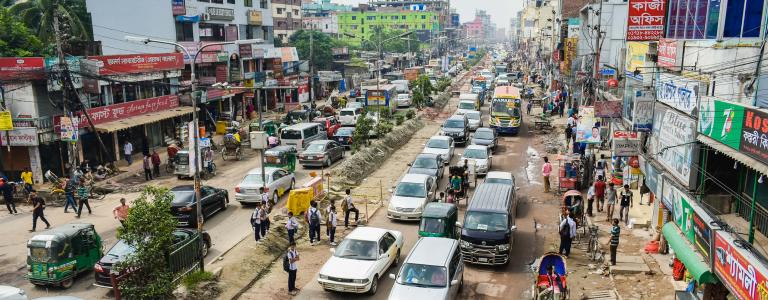 Cars fill the street in Dhaka, Bangladesh