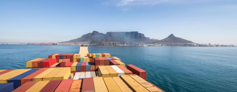 Standing on bridge deck of an container ship departing Cape Town looking back at the city.