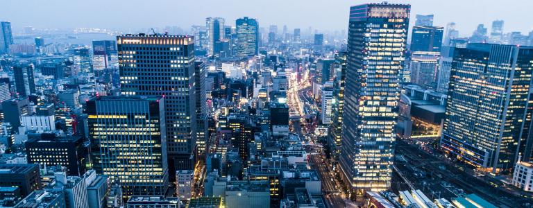 Dusk shot of Tokya, Japan business district and buildings.