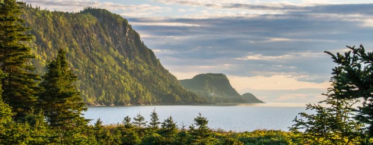 Landscape photo of forested mountains and water body in Quebec