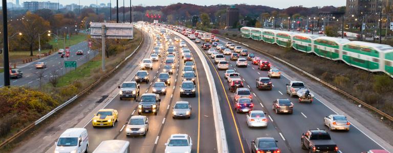 Traffic travels in both directions along a highway.