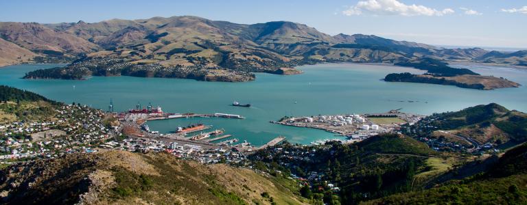 View of Lyttelton port from Mount Pleasant. new Zealand, South Island.