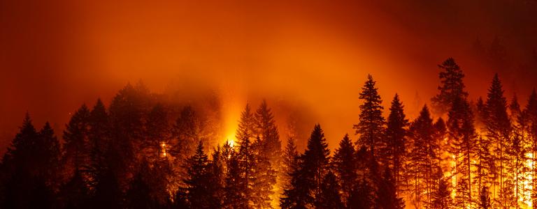 A wildfire brews along the Columbia River Gorge in Oregon, United States.