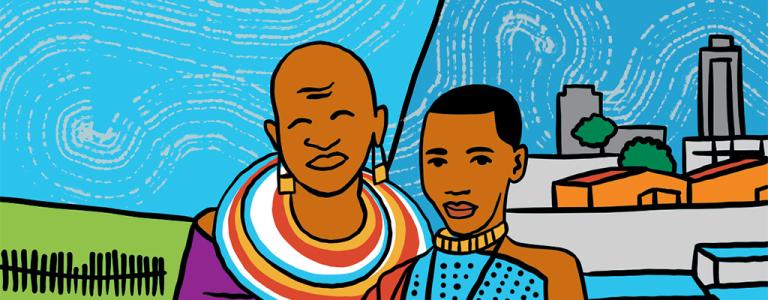 Two figures in traditional African attire stand against a backdrop of nature and cityscape, with a bright blue sky and swirling white patterns to represent clouds.