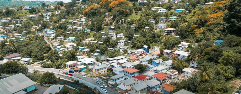 village in a mountainous area with lots of green and tree