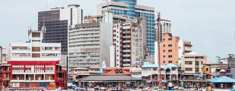Downtown Lagos, a busy market next to a highrise business district