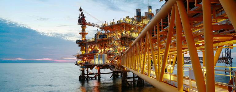 An offshore construction platform for oil and gas production.