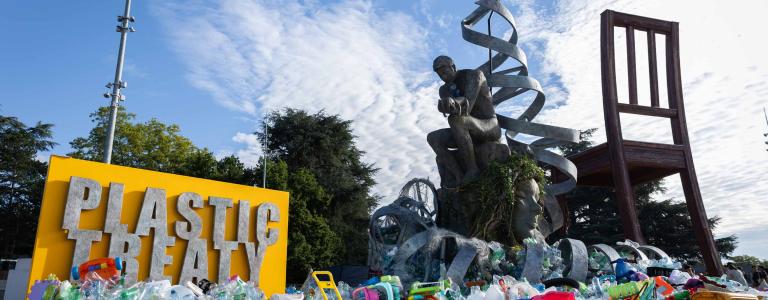 As the first day of INC 5.2 begins, the art installation 'The Thinker's Burden' created by Benjamin Von Wong welcomes delegates to the Palais des Nations, reminding them of the weight of inaction and the consequences of delay in tackling the plastic crisis