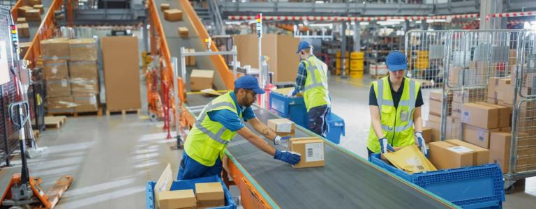 Workers in a warehouse sort packages going out for delivery.