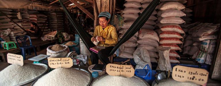 Woman sitting in an indoor stand selling different types of rice.