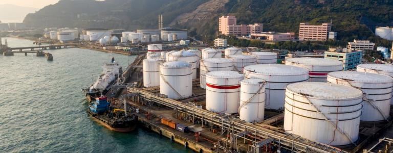Oil storage tank and oil tanker in Tsing Yi, Hong Kong