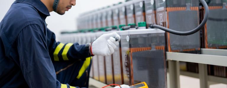 Man in a construction outfit and protective gear measures the voltage of batteries.